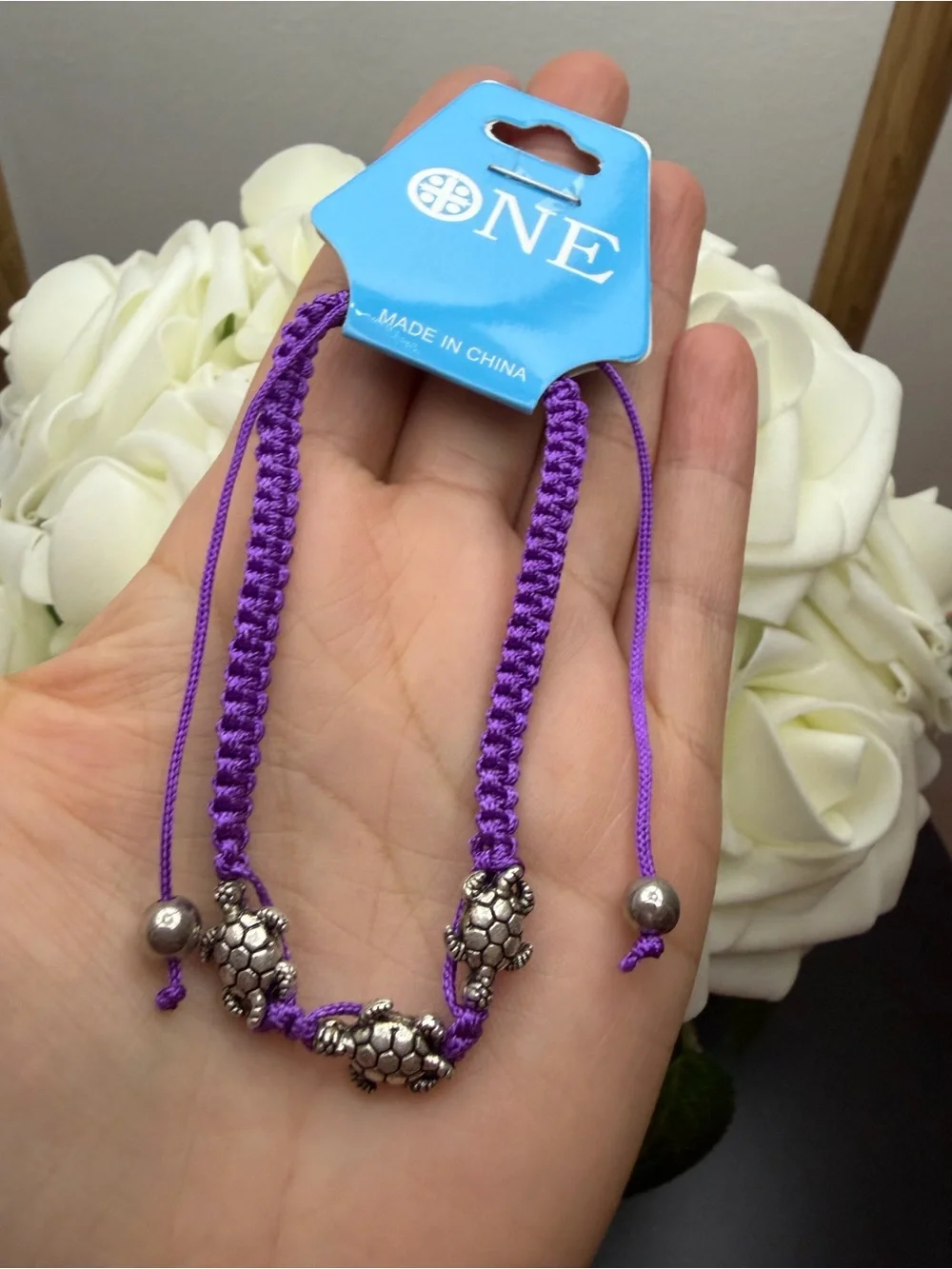 Purple Braided Bracelet with Silver Turtle Beads